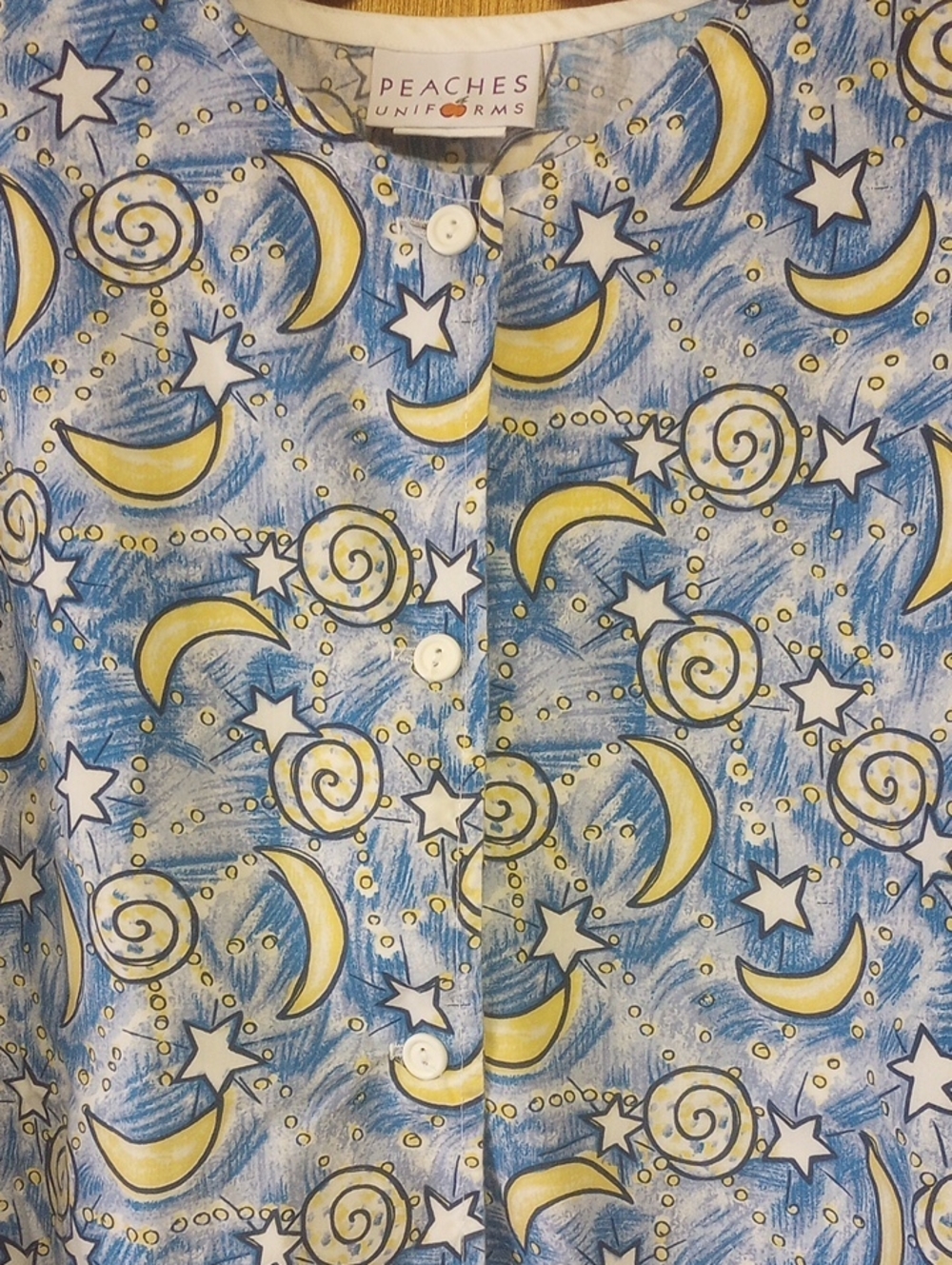 Peaches Uniform Button Down Scrub Jacket.w/ Stars & Moons. Blue Yellow White